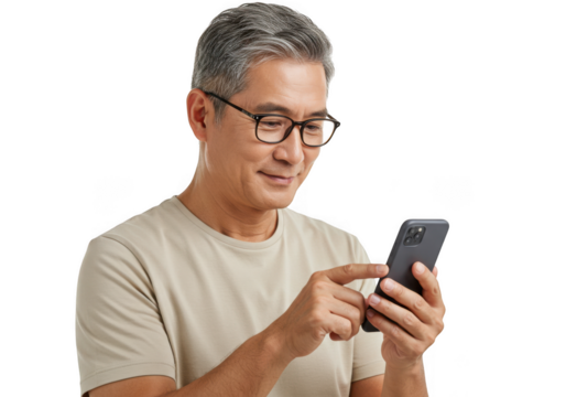 Man using smartphone isolated on transparent background