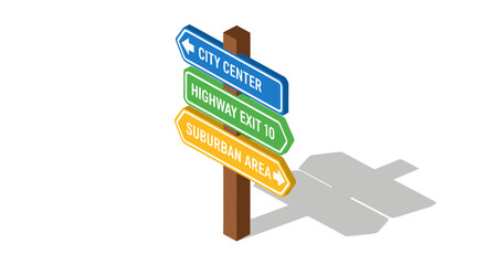 Colorful Isometric Road Sign Directing to City Center and Highway.