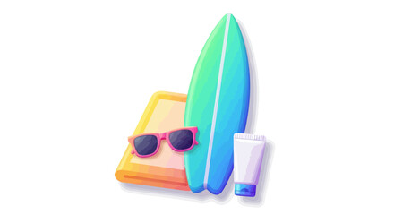 Vibrant Summer Beach Gear: Surfboard Sunglasses Towel and Sunscreen.