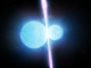 Neutron star mergers in space. Pulsar collision on black background. Interaction of stellar remnants.