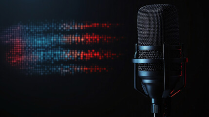 Studio microphone with colorful sound frequency lines representing audio recording, podcast or broadcast.