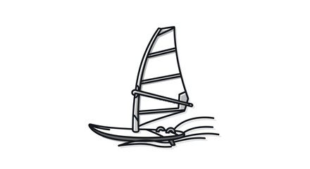 Hand-drawn illustration of a windsurfing board with a sail on water.