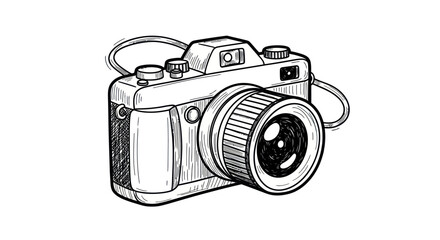 Hand-Drawn Sketch of a Vintage Camera with Lens and Strap.