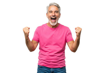 Fototapeta premium Excited man in pink tshirt celebrating success isolated on transparent background