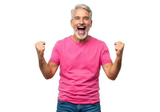 Excited man in pink tshirt celebrating success isolated on transparent background