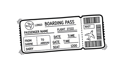 Hand-drawn illustration of a vintage boarding pass with flight details.