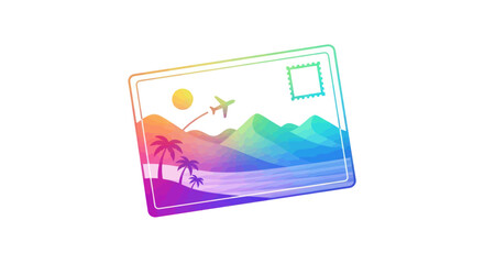 Vibrant Tropical Landscape Postcard with Airplane and Palm Trees.