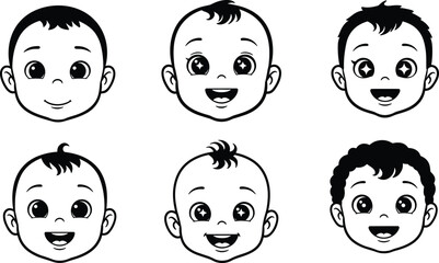 Cute baby face vector illustration set, adorable infant cartoon head icons, smiling newborn child avatar design, playful kids character collection