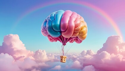 Colorful brain balloon soars through dreamy sky with rainbow, symbolizing imagination