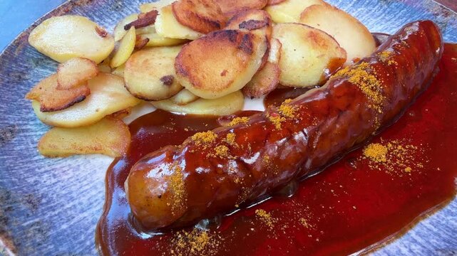 Eating currywurst sausage and potato