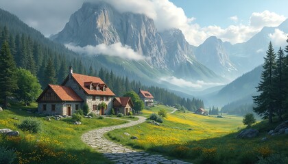 Obraz premium Stone houses rest in misty mountain valley. Green fields filled with yellow flowers surround stone path leading to remote village. Pine forest covers slopes under majestic peaks.
