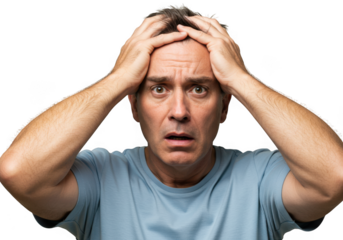 Man holding head in despair isolated on transparent background