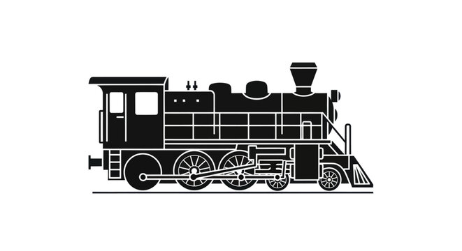 Black and white side view silhouette of a classic vintage steam locomotive train.