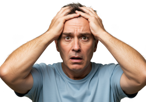 Man holding head in despair isolated on transparent background - Powered by Adobe