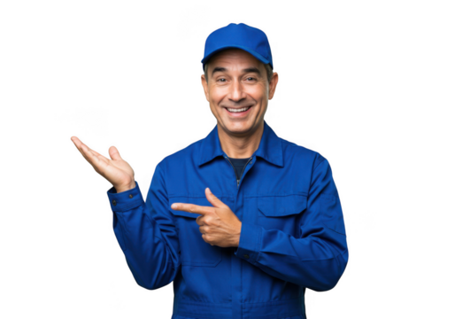 Smiling repairman in blue uniform pointing to the side isolated on transparent background