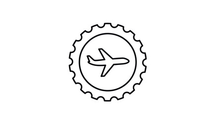 Black and White Airplane Icon Inside Gear-Shaped Frame.