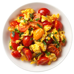 Chinese Tomato Egg Stir Fry with Scrambled Eggs and Fresh Tomatoes Isolated on White Background