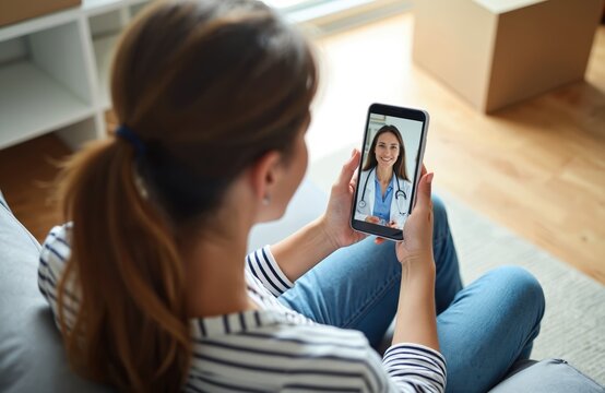 Woman has video consultation with doctor using smartphone. Patient receives medical advice online from physician at home. Telemedicine session, remote health care access.
