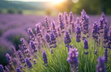Naklejka premium Purple lavender field under warm sun rays at sunset. Fragrant purple flowers bloom in rows across green grassy meadow. Nature landscape evokes peace calm.