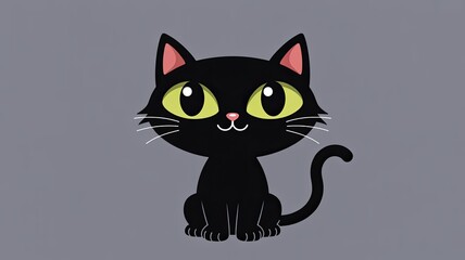 A cartoon black cat with yellow eyes, sitting and looking forward, on a gray background, illustrating a classic halloween symbol, white background.