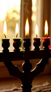 A Kwanzaa kinara with lit candles and a display of harvest fruits. Vertical video of a traditional holiday celebration. African American cultural heritage concept