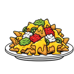 Cartoon Detailed Nachos on Plate Traditional Mexican Food Illustration