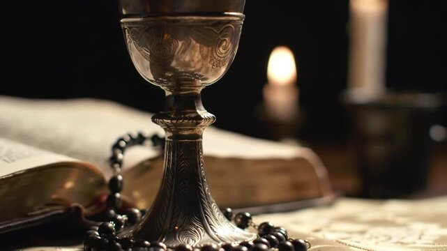A close-up of a chalice with a rosary and an open book, illuminated by candlelight.