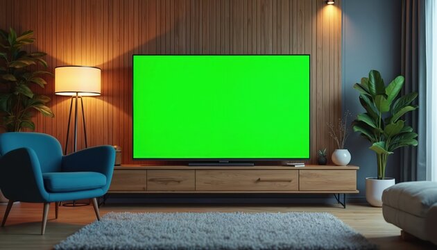 Modern living room setup features large green screen TV, comfy blue chair, tall lamp and potted plant. Room has wood paneling and plush rug, perfect for content creation.