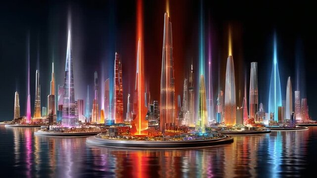 City of Light: A vibrant cityscape awash in a spectrum of radiant light beams. The skyscrapers create a futuristic silhouette reflecting the cityscape in a tranquil body of water.  