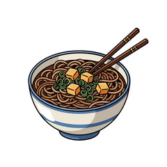 Hand Drawn Japanese Soba Noodles Bowl with Tofu Illustration