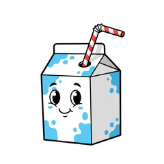 Cute Cartoon Style Milk Box Character with Straw and Smiling Face Illustration