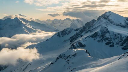 Drone view of snow-covered mountain peaks, clouds swirling between ridges, soft morning light illuminating slopes, breathtaking hyper-realistic landscape photography aesthetic
