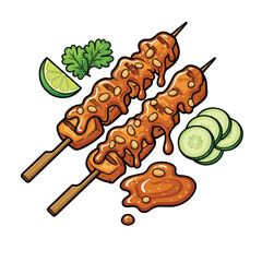 Handdrawn Delicious Skewer Illustration with Peanut Sauce Asian Cuisine