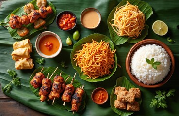 Top view of diverse Asian dishes served on green banana leaves. Features grilled skewers, noodles, rice, spring rolls, and dipping sauces for a vibrant meal presentation.