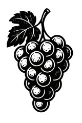 Monochromatic woodcut style illustration of a lush bunch of grapes with a detailed leaf and stem, rendered in stark black and white, perfect for vintage botanical designs, wine-related graphics, or cl