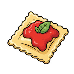 Cartoon Style Detailed Ravioli Dish with Tomato Sauce and Basil Illustration