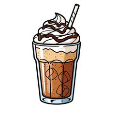 Detailed Cartoon Style Frappe Coffee Drink in Tall Glass Illustration
