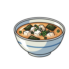 Watercolor Detailed Miso Soup Bowl with Tofu and Seaweed Illustration