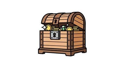 Open wooden treasure chest overflowing with gold coins and jewels. © Rizal