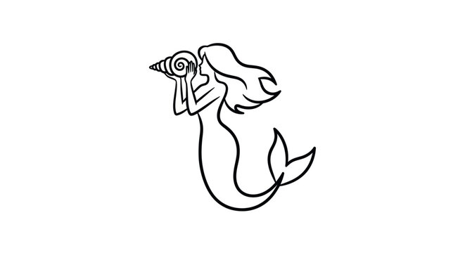 Stylized Line Art of a Mermaid Holding a Seashell to Her Ear.