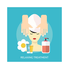 Woman Receiving A Relaxing Head Massage With Towel Wrapped Hair And Skincare Products On A Teal Background With Graphic Elements