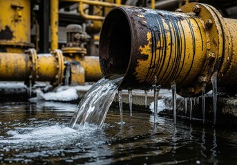 Dirty industrial pipe discharging wastewater into a body of water with icicles forming