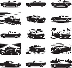 Classic Convertible Car Collection Black and White Vector Illustration Set