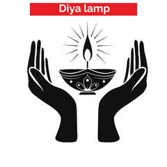 Black and white vector illustration of a traditional Diya oil lamp with decorative patterns, flame, and stars for Diwali celebrations.