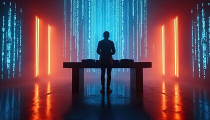 DJ plays music in dark club with digital screen wall. Neon lights flash, creating atmosphere for party, concert or event. Disc jockey performs set with electronic sounds.