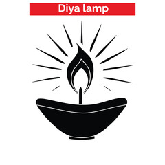 Black and white vector illustration of a traditional Diya oil lamp with decorative patterns, flame, and stars for Diwali celebrations.