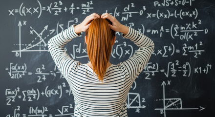 Young woman facing complex mathematical equations on chalkboard, struggling to solve problems related to graphs and formulas