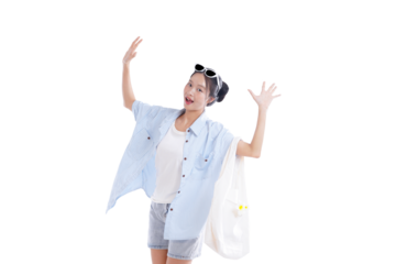 Girl Waving in Sunny Day: A young woman cheerfully greets the day with arms raised, exuding a sense of freedom and happiness, a radiant smile and carefree spirit on a sunny day. 