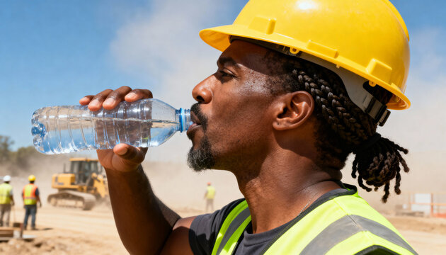 Construction worker wearing safety gear drinking bottled water on a hot day, staying hydrated at a dusty outdoor job site