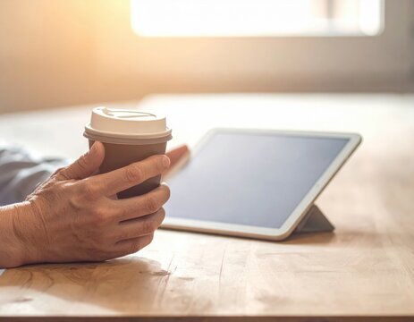 Person holding coffee cup and using a tablet on a wooden table